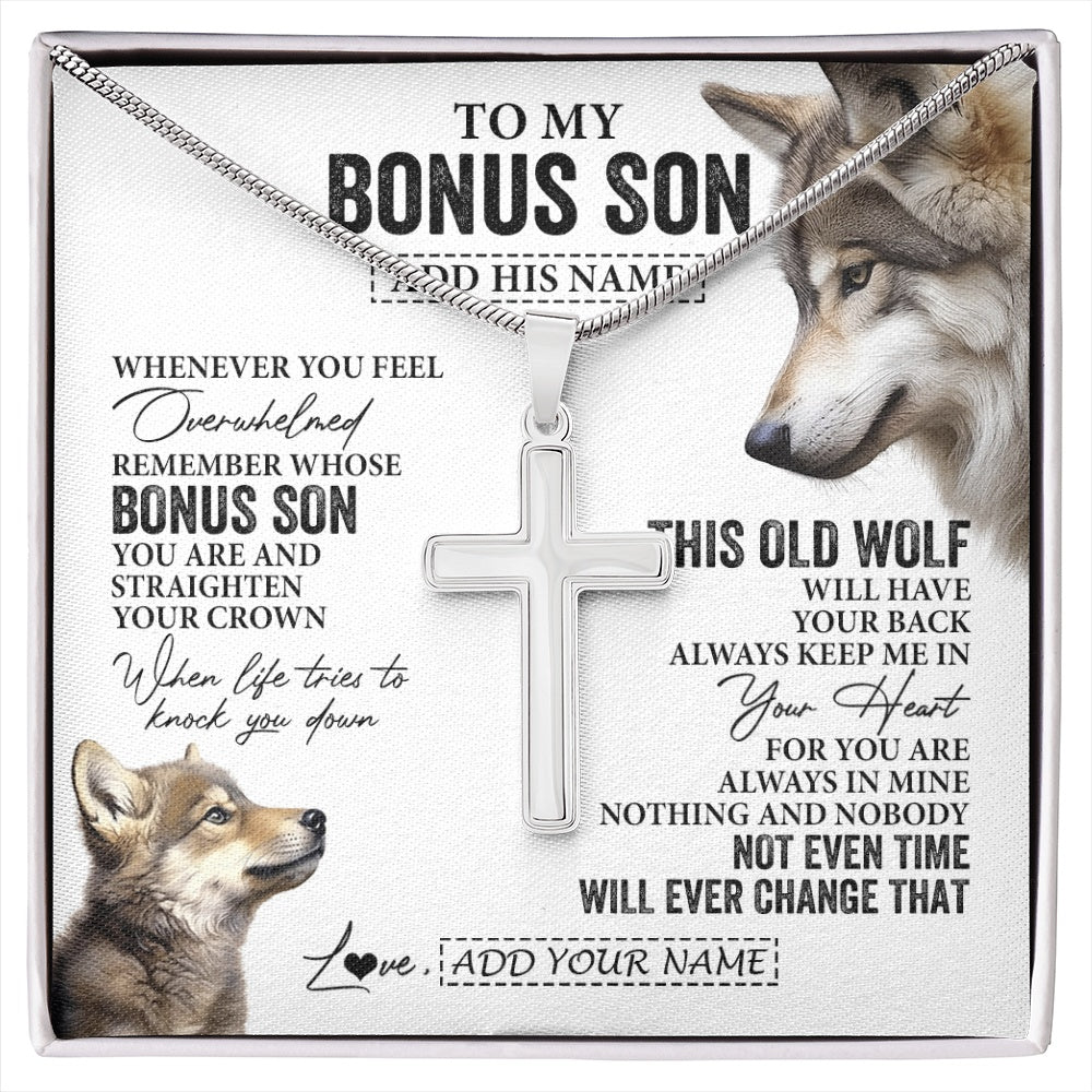 Stainless Cross Necklace Stainless Steel | 1 | Personalized To My Bonus Son Gifts Necklace From Stepmom Stepdad Whenever Wolf Unique Birthday For Stepson Graduation Christmas Custom Gift Box Message Card | https://siriusteestore.