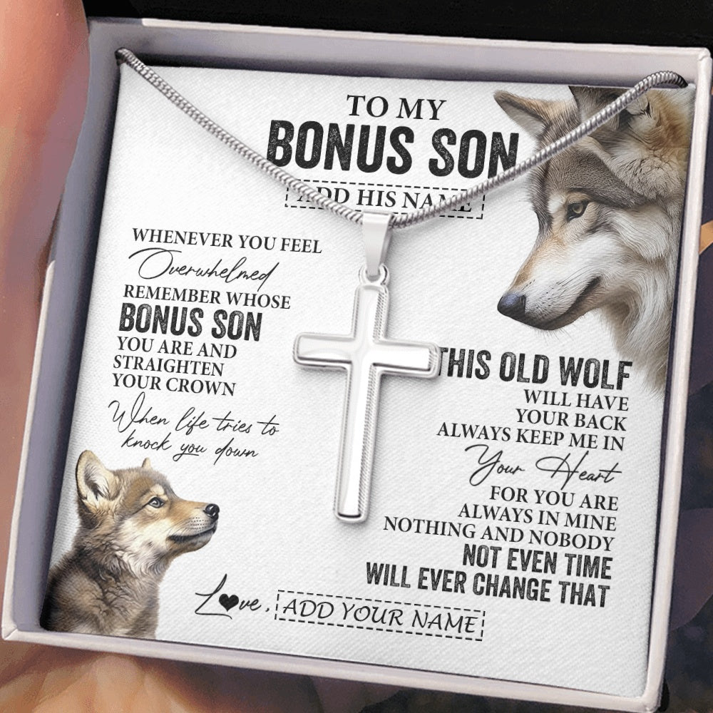 Stainless Cross Necklace Stainless Steel | 2 | Personalized To My Bonus Son Gifts Necklace From Stepmom Stepdad Whenever Wolf Unique Birthday For Stepson Graduation Christmas Custom Gift Box Message Card | https://siriusteestore.