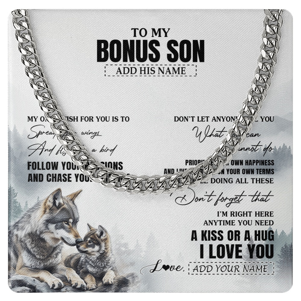 Cuban Link Chain Necklace Stainless Steel | 1 | Personalized To My Bonus Son Gifts Necklace From Stepmom Stepdad Wolf My Only Wish For You Stepson Birthday Gifts Graduation Christmas Gift Box Message Card | https://siriusteestore.
