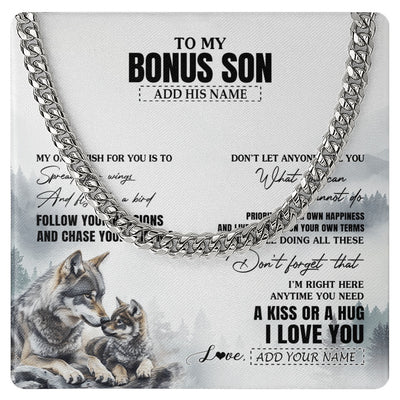 Cuban Link Chain Necklace Stainless Steel | 1 | Personalized To My Bonus Son Gifts Necklace From Stepmom Stepdad Wolf My Only Wish For You Stepson Birthday Gifts Graduation Christmas Gift Box Message Card | https://siriusteestore.
