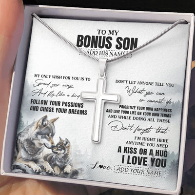 Stainless Cross Necklace Stainless Steel | 2 | Personalized To My Bonus Son Gifts Necklace From Stepmom Stepdad Wolf My Only Wish For You Stepson Birthday Gifts Graduation Christmas Gift Box Message Card | https://siriusteestore.