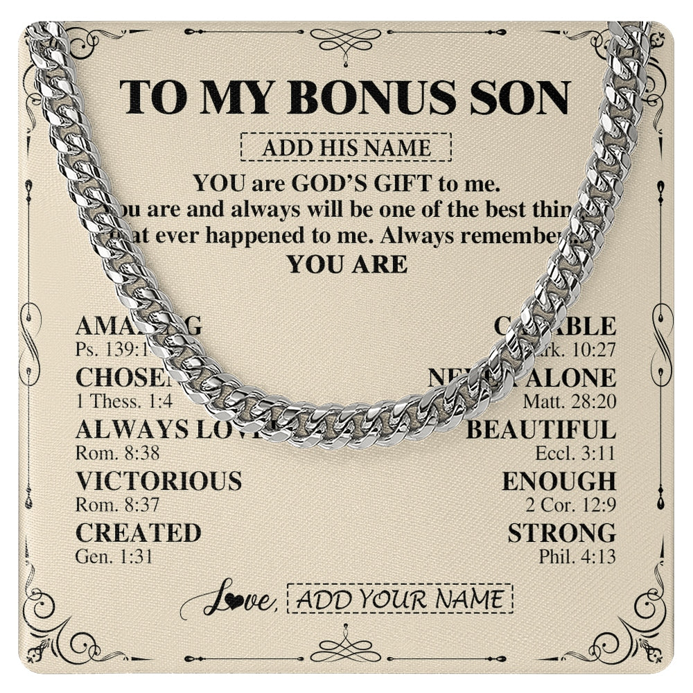 Cuban Link Chain Necklace Stainless Steel | 1 | Personalized To My Bonus Son Gifts Necklace From Stepmom Stepdad You Are God's Gift To Me Stepson Birthday Gifts Christmas Christian Gift Box Message Card | https://siriusteestore.