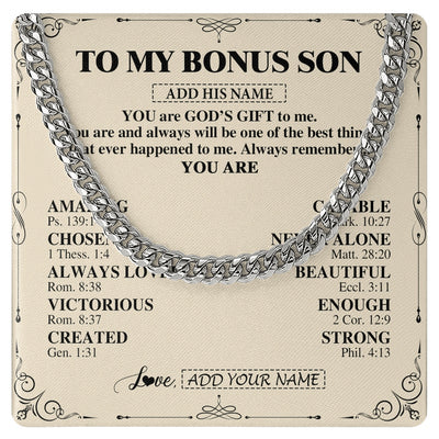 Cuban Link Chain Necklace Stainless Steel | 1 | Personalized To My Bonus Son Gifts Necklace From Stepmom Stepdad You Are God's Gift To Me Stepson Birthday Gifts Christmas Christian Gift Box Message Card | https://siriusteestore.