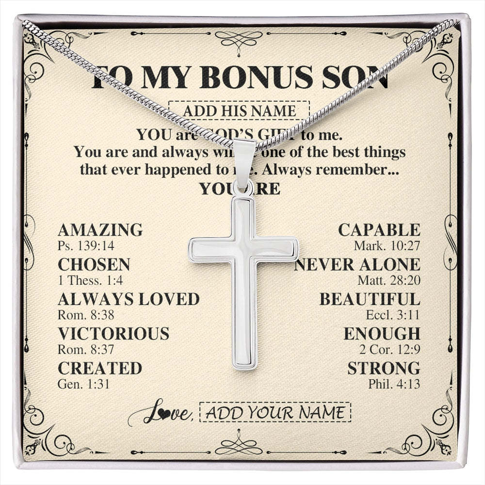 Stainless Cross Necklace Stainless Steel | 1 | Personalized To My Bonus Son Gifts Necklace From Stepmom Stepdad You Are God's Gift To Me Stepson Birthday Gifts Christmas Christian Gift Box Message Card | https://siriusteestore.