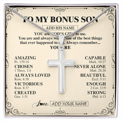 Stainless Cross Necklace Stainless Steel | 1 | Personalized To My Bonus Son Gifts Necklace From Stepmom Stepdad You Are God's Gift To Me Stepson Birthday Gifts Christmas Christian Gift Box Message Card | https://siriusteestore.