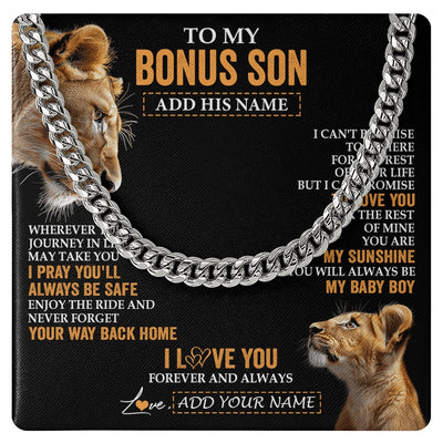Cuban Link Chain Necklace Stainless Steel | 1 | Personalized To My Bonus Son Gifts Necklace From Stepmom Wherever Your Journey In Life Lion StepSon Birthday Gifts Christmas Custom Gift Box Message Card | https://siriusteestore.
