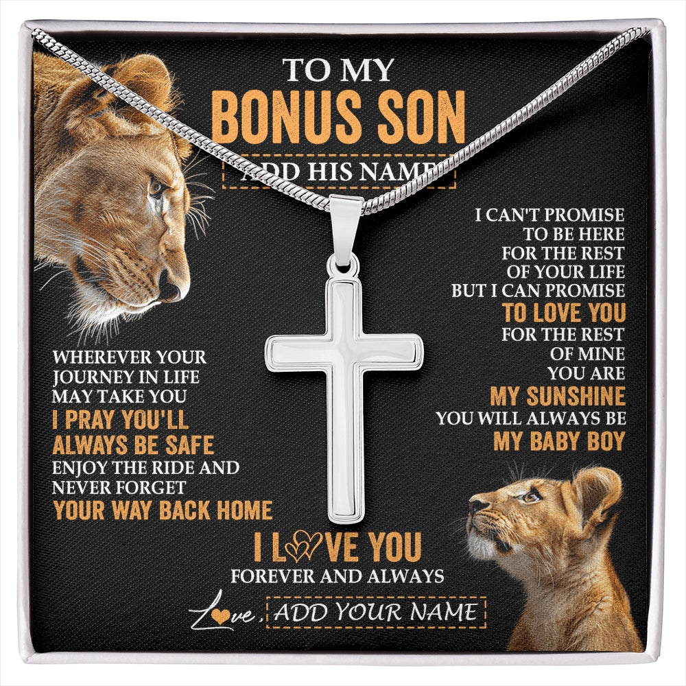 Stainless Cross Necklace Stainless Steel | 1 | Personalized To My Bonus Son Gifts Necklace From Stepmom Wherever Your Journey In Life Lion StepSon Birthday Gifts Christmas Custom Gift Box Message Card | https://siriusteestore.
