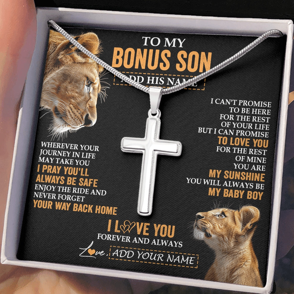 Stainless Cross Necklace Stainless Steel | 2 | Personalized To My Bonus Son Gifts Necklace From Stepmom Wherever Your Journey In Life Lion StepSon Birthday Gifts Christmas Custom Gift Box Message Card | https://siriusteestore.