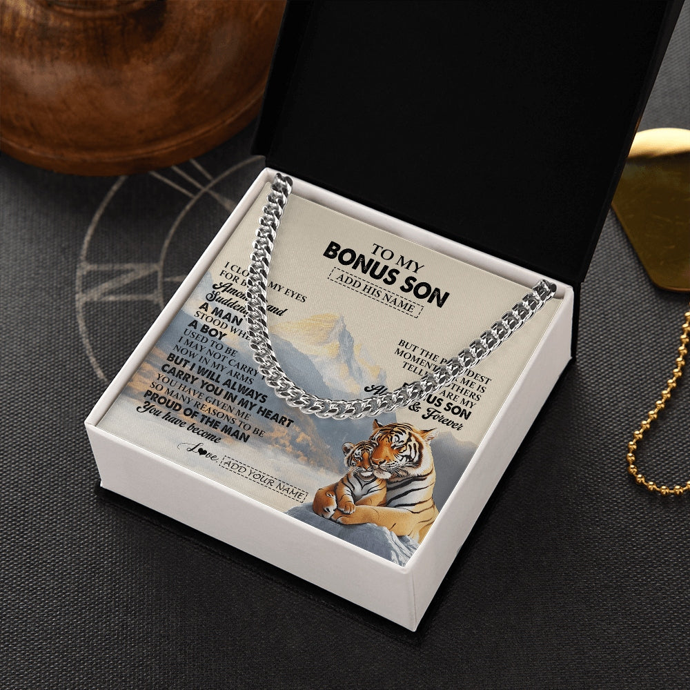 Cuban Link Chain Necklace Stainless Steel | 2 | Personalized To My Bonus Son Gifts Necklace Tiger From Stepmother Stepdad You Are My Stepson Birthday Gifts Graduation Christmas Custom Gift Box Message Card | https://siriusteestore.