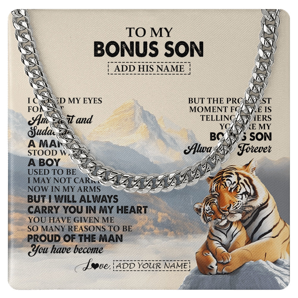 Cuban Link Chain Necklace Stainless Steel | 1 | Personalized To My Bonus Son Gifts Necklace Tiger From Stepmother Stepdad You Are My Stepson Birthday Gifts Graduation Christmas Custom Gift Box Message Card | https://siriusteestore.