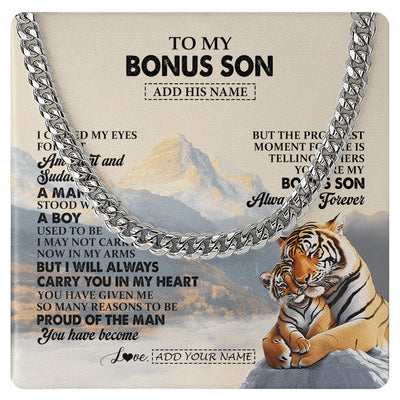 Cuban Link Chain Necklace Stainless Steel | 1 | Personalized To My Bonus Son Gifts Necklace Tiger From Stepmother Stepdad You Are My Stepson Birthday Gifts Graduation Christmas Custom Gift Box Message Card | https://siriusteestore.
