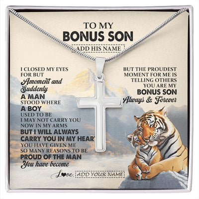 Stainless Cross Necklace Stainless Steel | 1 | Personalized To My Bonus Son Gifts Necklace Tiger From Stepmother Stepdad You Are My Stepson Birthday Gifts Graduation Christmas Custom Gift Box Message Card | https://siriusteestore.