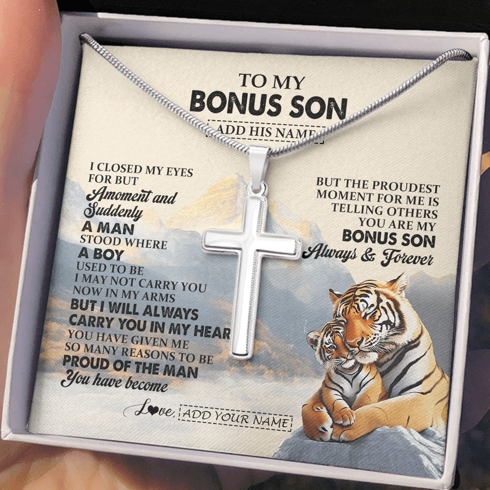 Stainless Cross Necklace Stainless Steel | 2 | Personalized To My Bonus Son Gifts Necklace Tiger From Stepmother Stepdad You Are My Stepson Birthday Gifts Graduation Christmas Custom Gift Box Message Card | https://siriusteestore.