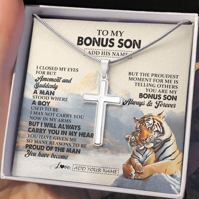 Stainless Cross Necklace Stainless Steel | 2 | Personalized To My Bonus Son Gifts Necklace Tiger From Stepmother Stepdad You Are My Stepson Birthday Gifts Graduation Christmas Custom Gift Box Message Card | https://siriusteestore.