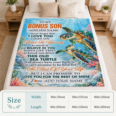 Personalized To My Bonus Son Gifts Sea Turtle From Stepmom Stepdad Blanket Never Forget I Love You Stepson Birthday Gift Christmas Custom Fleece Blanket | siriusteestore