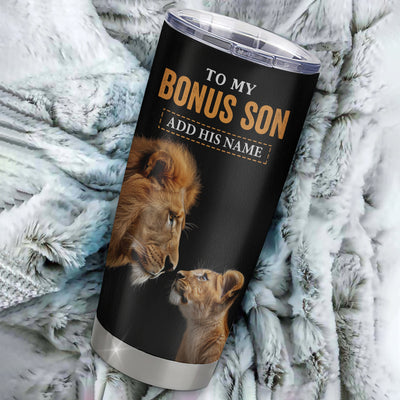 Personalized To My Bonus Son Gifts Tumbler From Stepdad Wherever Your Journey In Life Lion StepSon Birthday Gifts Christmas Custom Stainless Steel Travel Mug | siriusteestore