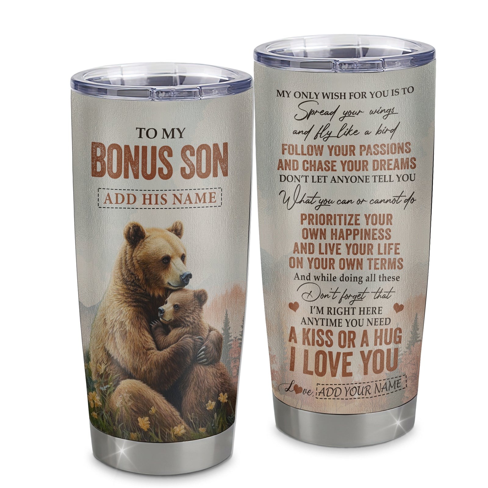 Personalized To My Bonus Son Gifts Tumbler From Stepmom Stepdad Bear My Only Wish For You Stepson Birthday Gifts Graduation Christmas Custom Stainless Steel Travel Mug | siriusteestore