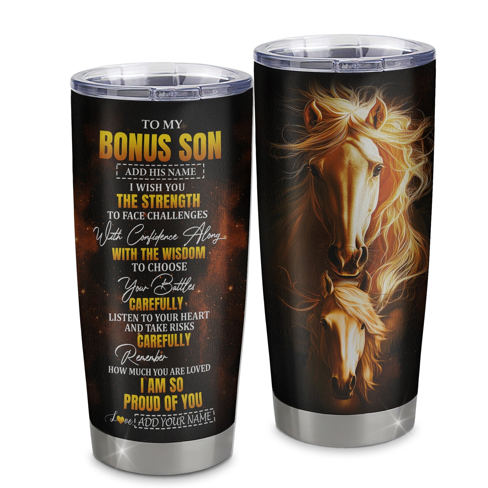 Personalized To My Bonus Son Gifts Tumbler From Stepmom Stepdad I Wish You The Strength Horse Stepson Birthday Gifts Christmas Graduation Custom Stainless Steel Mug | siriusteestore