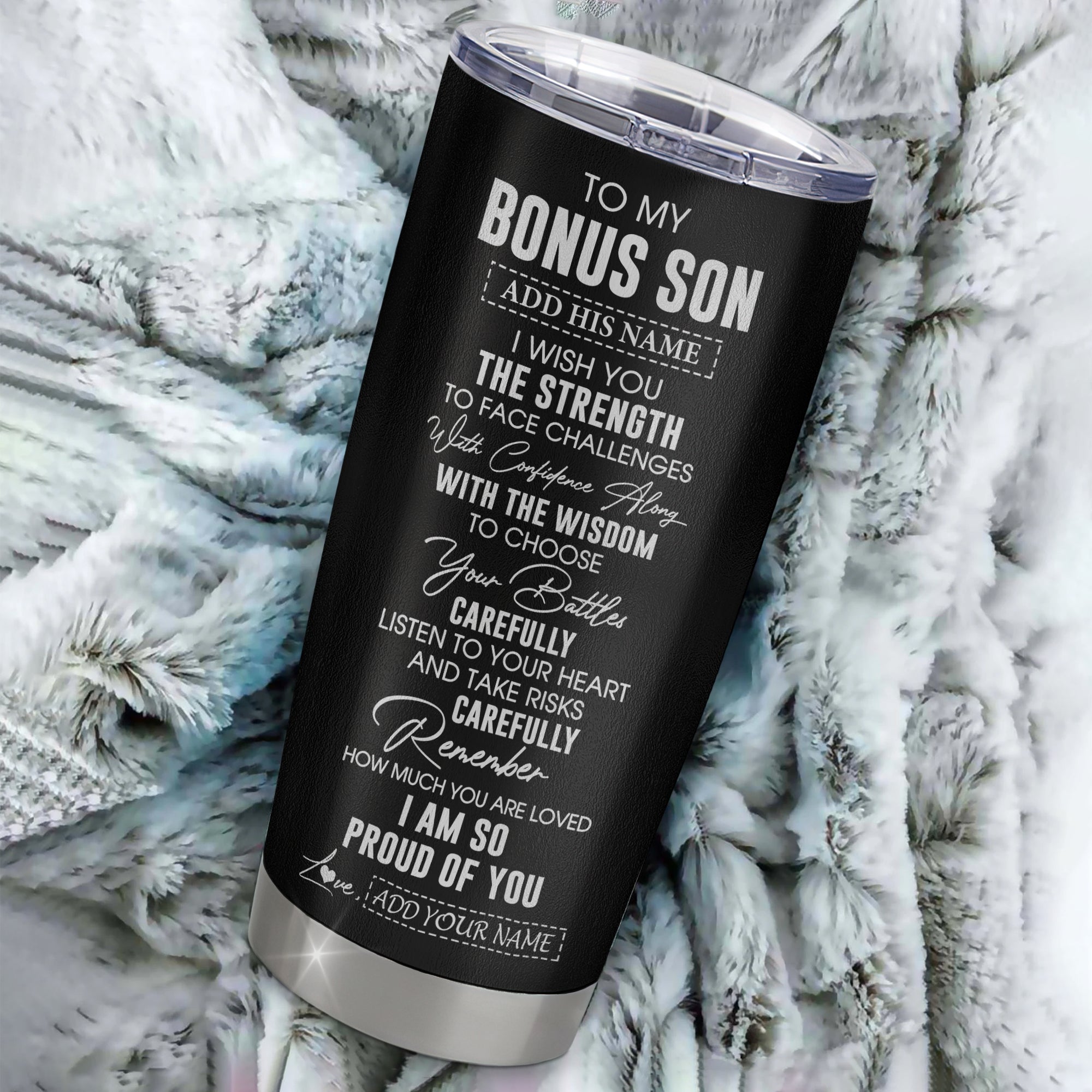 Personalized To My Bonus Son Gifts Tumbler From Stepmom Stepdad I Wish You The Strength Stepson Birthday Gifts Christmas Graduation Custom Stainless Steel Travel Mug | siriusteestore