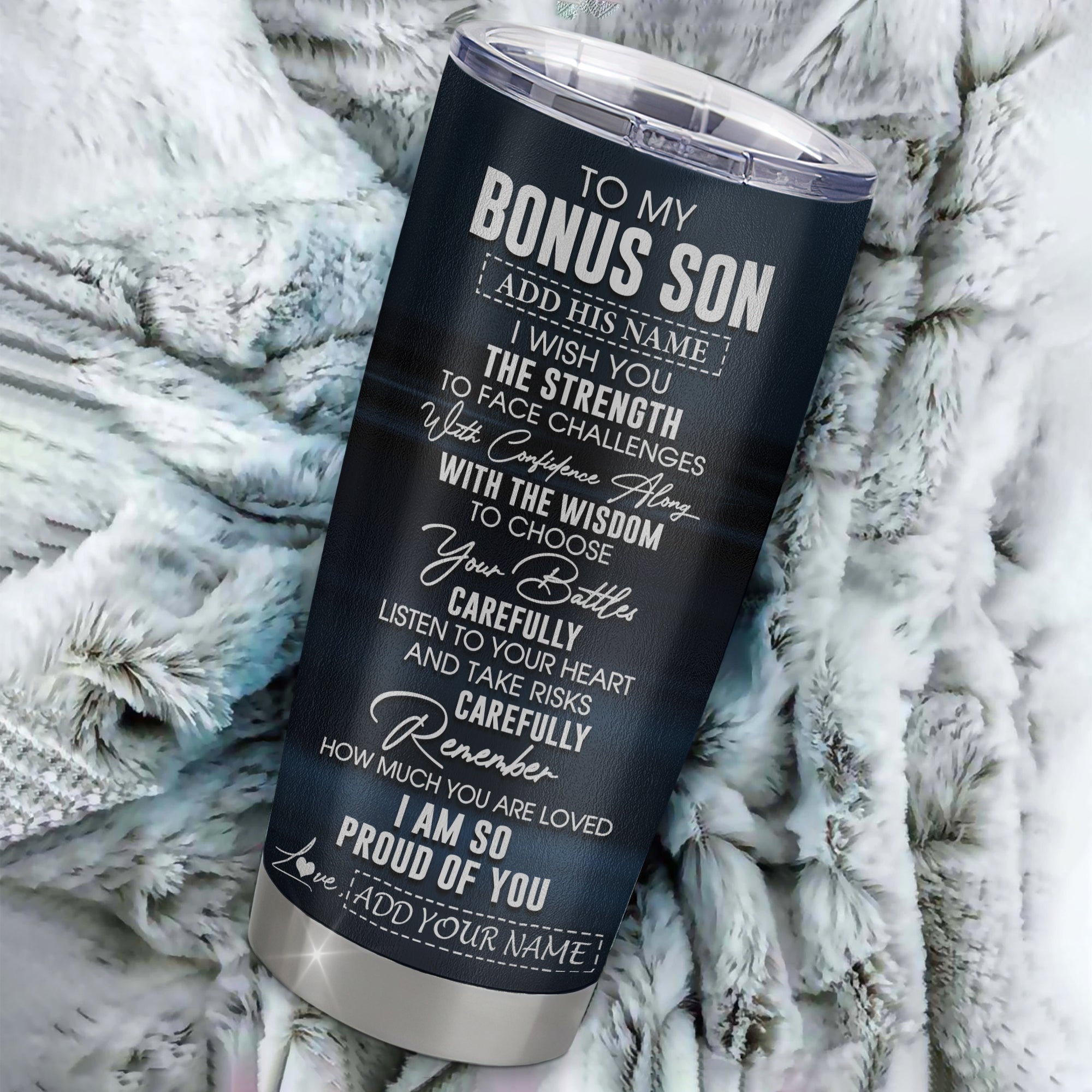 Personalized To My Bonus Son Gifts Tumbler From Stepmom Stepdad I Wish You The Strength Wolf Stepson Birthday Gifts Christmas Graduation Custom Stainless Steel Mug | siriusteestore
