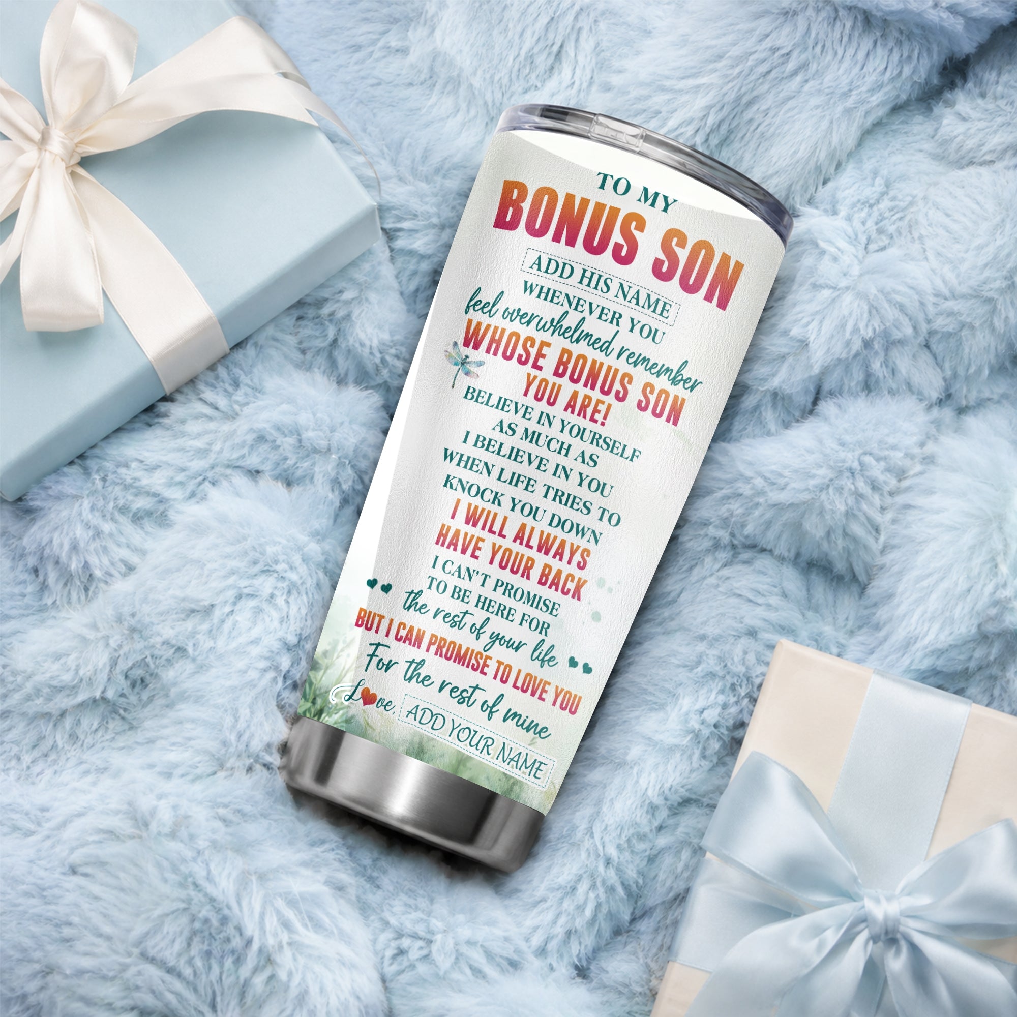 Personalized To My Bonus Son Gifts Tumbler From Stepmom Stepdad Whenever You Feel Dragonfly Stepson Birthday Gifts Christmas Custom Stainless Steel Travel Mug | siriusteestore