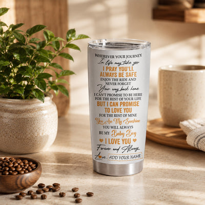 Personalized To My Bonus Son Gifts Tumbler From Stepmom Stepdad Wherever Your Journey In Life Tiger Stepson Birthday Gifts Graduation Custom Stainless Steel Travel Mug | siriusteestore