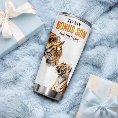 Personalized To My Bonus Son Gifts Tumbler From Stepmom Stepdad Wherever Your Journey In Life Tiger Stepson Birthday Gifts Graduation Custom Stainless Steel Travel Mug | siriusteestore
