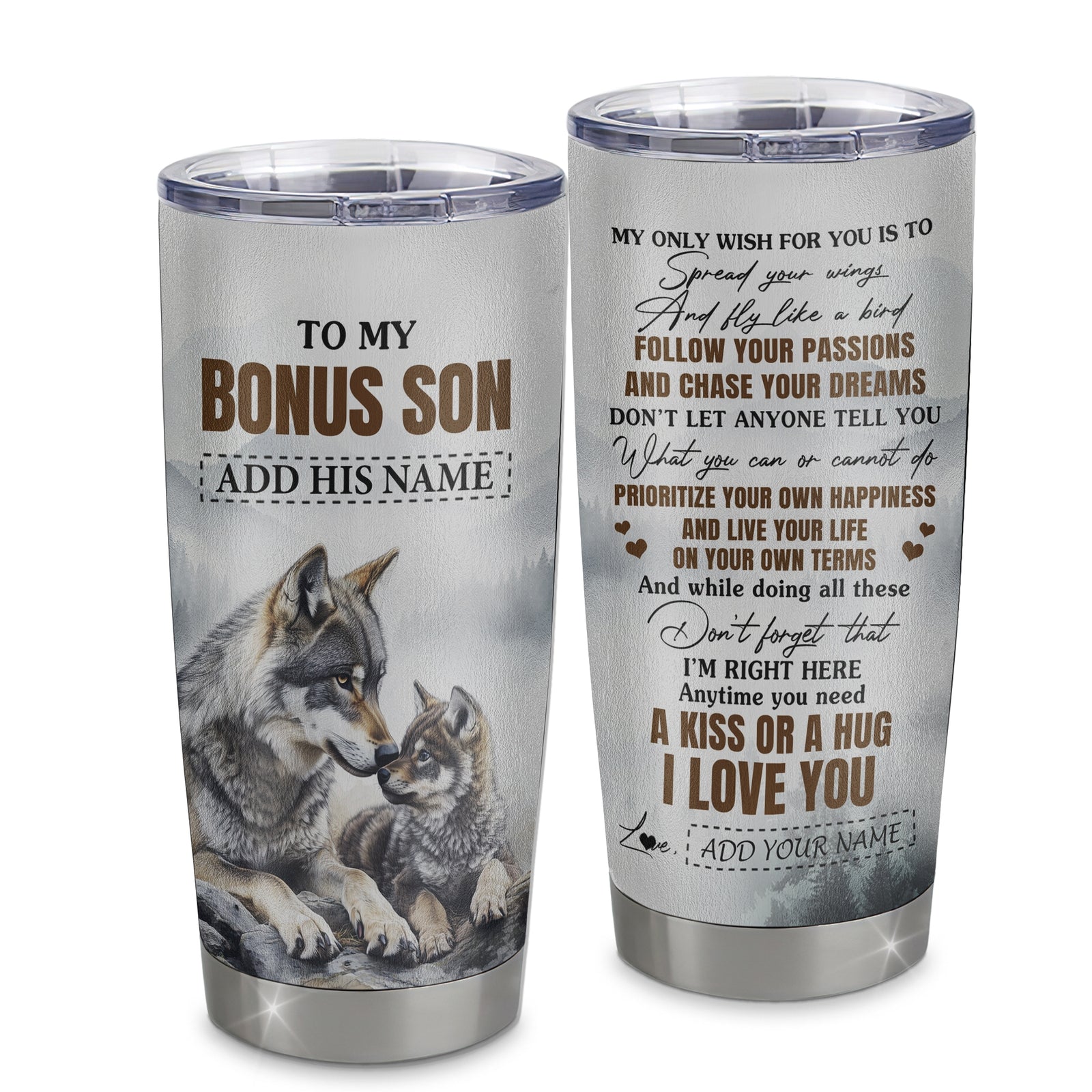 Personalized To My Bonus Son Gifts Tumbler From Stepmom Stepdad Wolf My Only Wish For You Stepson Birthday Gifts Graduation Christmas Custom Stainless Steel Mug | siriusteestore
