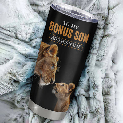 Personalized To My Bonus Son Gifts Tumbler From Stepmom Wherever Your Journey In Life Lion StepSon Birthday Gifts Christmas Custom Stainless Steel Travel Mug | siriusteestore
