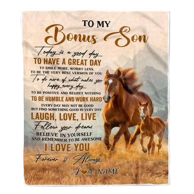 Personalized To My Bonus Son Horse Blanket From Stepmother Stepdad Every Day Laugh Love Live Stepson Birthday Gifts Christmas Customized Fleece Throw Blanket | siriusteestore