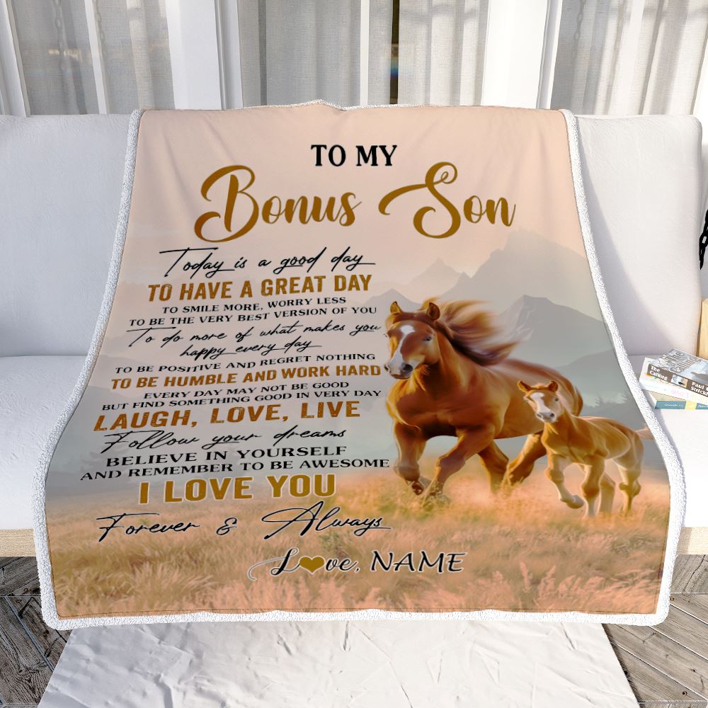 Personalized To My Bonus Son Horse Blanket From Stepmother Stepdad Every Day Laugh Love Live Stepson Birthday Gifts Christmas Customized Fleece Throw Blanket | siriusteestore