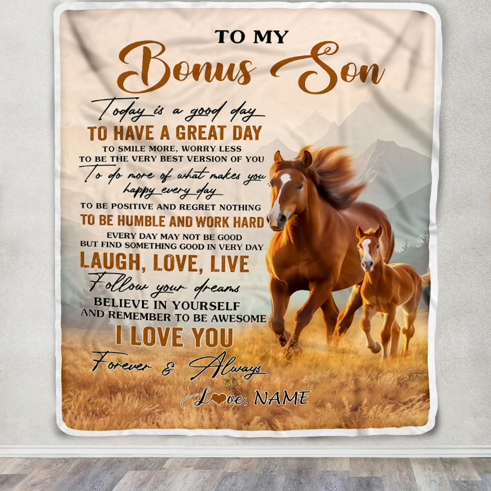 Personalized To My Bonus Son Horse Blanket From Stepmother Stepdad Every Day Laugh Love Live Stepson Birthday Gifts Christmas Customized Fleece Throw Blanket | siriusteestore