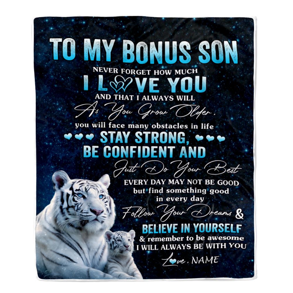 Personalized To My Bonus Son I Love You Forever Blanket From Step Mom Dad White Tiger Stepson Birthday Gifts Graduation Christmas Fleece Blanket | siriusteestore