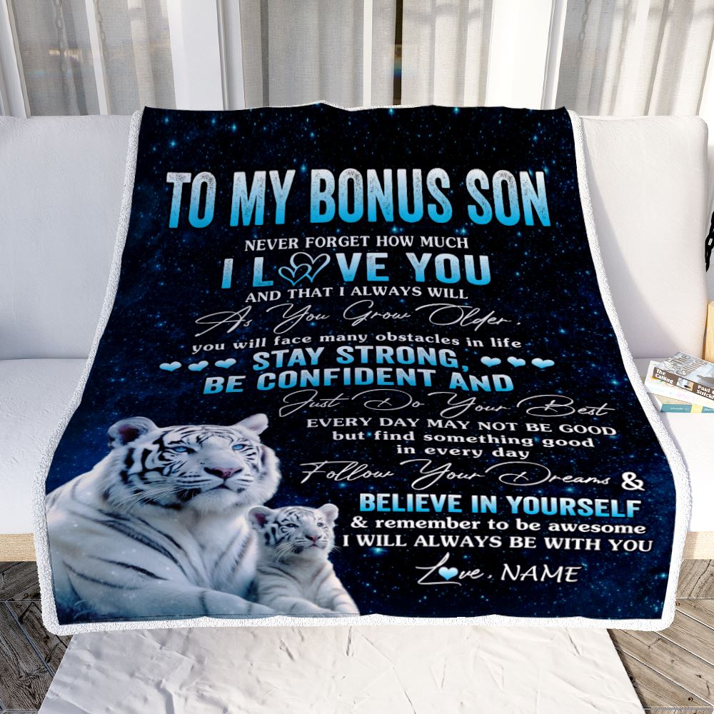 Personalized To My Bonus Son I Love You Forever Blanket From Step Mom Dad White Tiger Stepson Birthday Gifts Graduation Christmas Fleece Blanket | siriusteestore