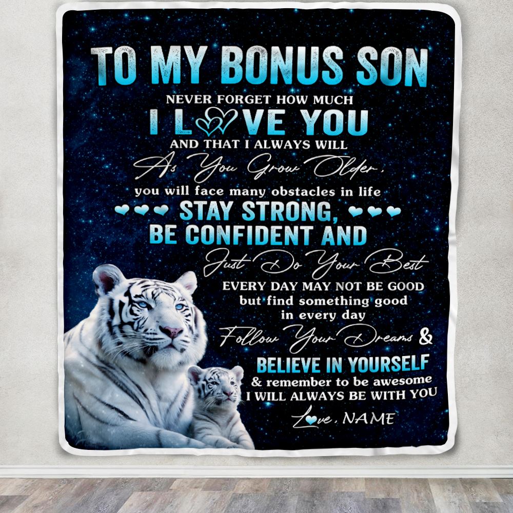 Personalized To My Bonus Son I Love You Forever Blanket From Step Mom Dad White Tiger Stepson Birthday Gifts Graduation Christmas Fleece Blanket | siriusteestore