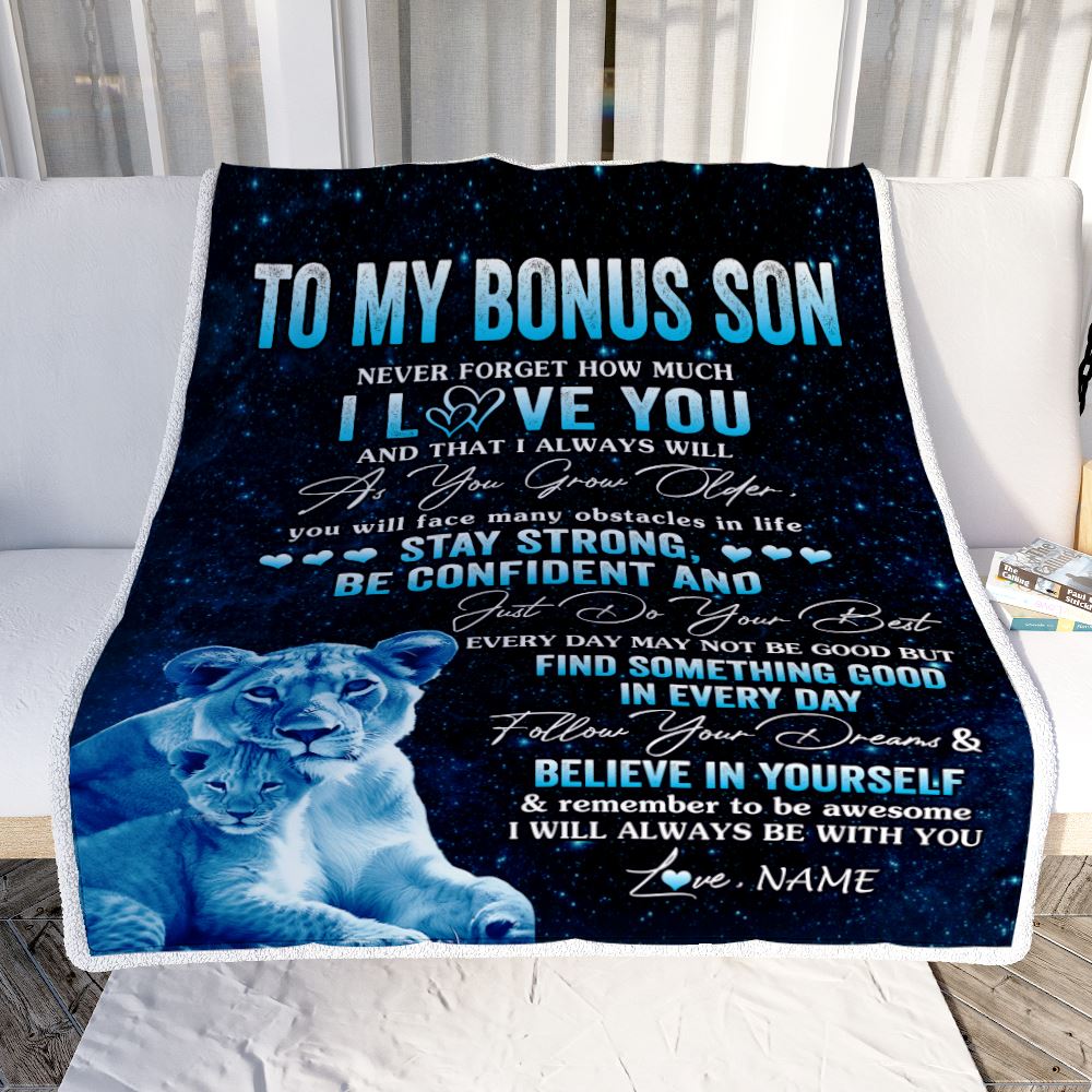 Personalized To My Bonus Son I Love You Forever Blanket From Stepmom Lion Stepson Birthday Gifts Graduation Christmas Fleece Throw Blanket | siriusteestore