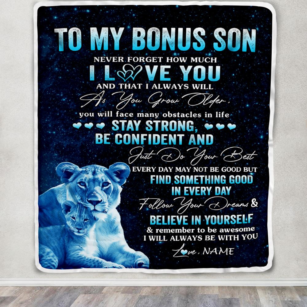 Personalized To My Bonus Son I Love You Forever Blanket From Stepmom Lion Stepson Birthday Gifts Graduation Christmas Fleece Throw Blanket | siriusteestore