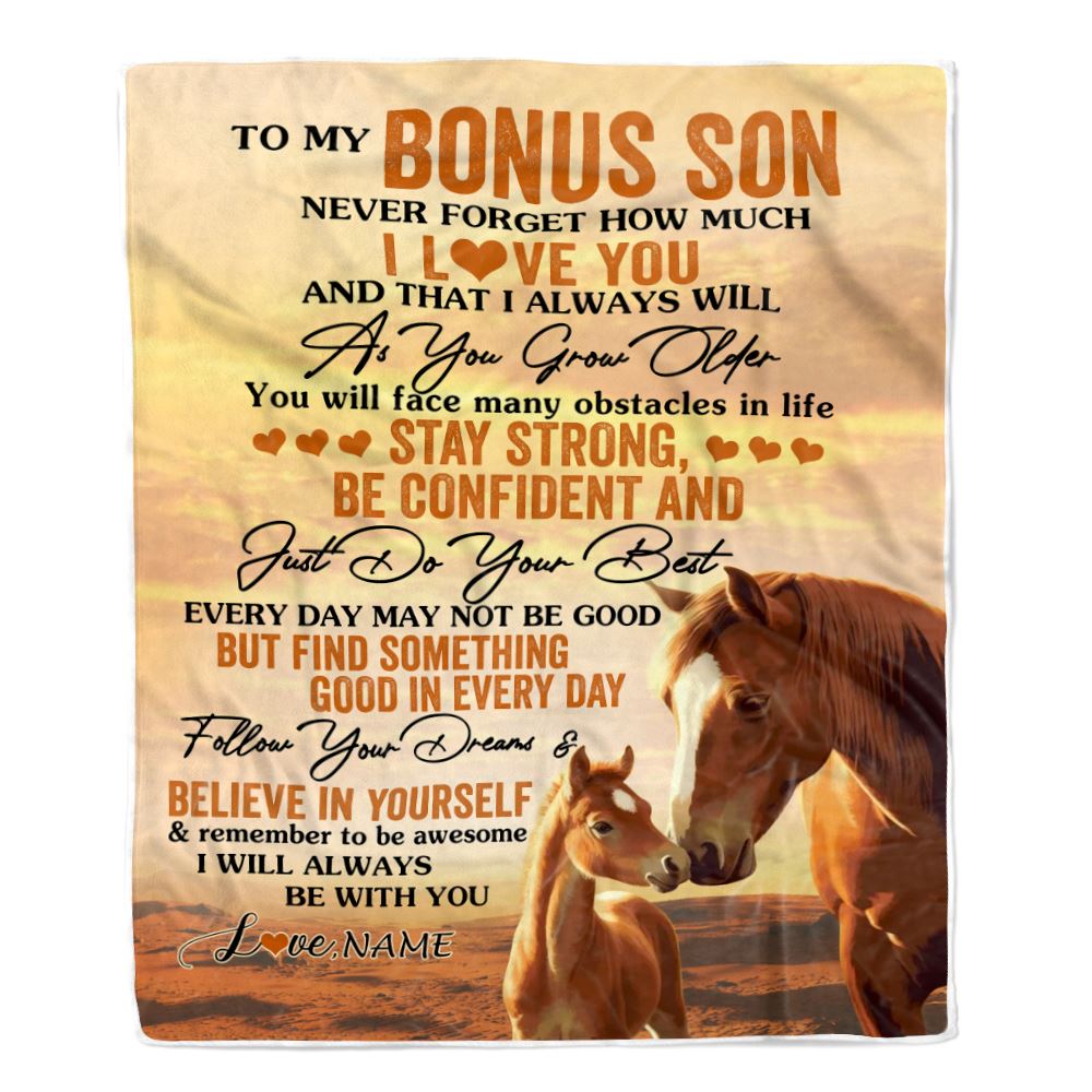 Personalized To My Bonus Son I Love You Forever Blanket From Stepmother Dad Horse Stepson Birthday Gifts Graduation Christmas Customized Fleece Blanket | siriusteestore