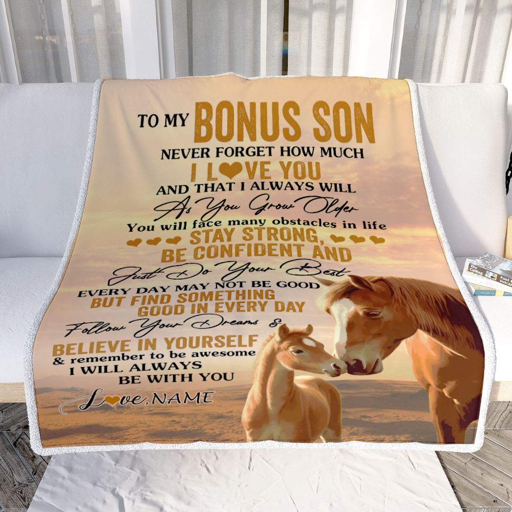 Personalized To My Bonus Son I Love You Forever Blanket From Stepmother Dad Horse Stepson Birthday Gifts Graduation Christmas Customized Fleece Blanket | siriusteestore