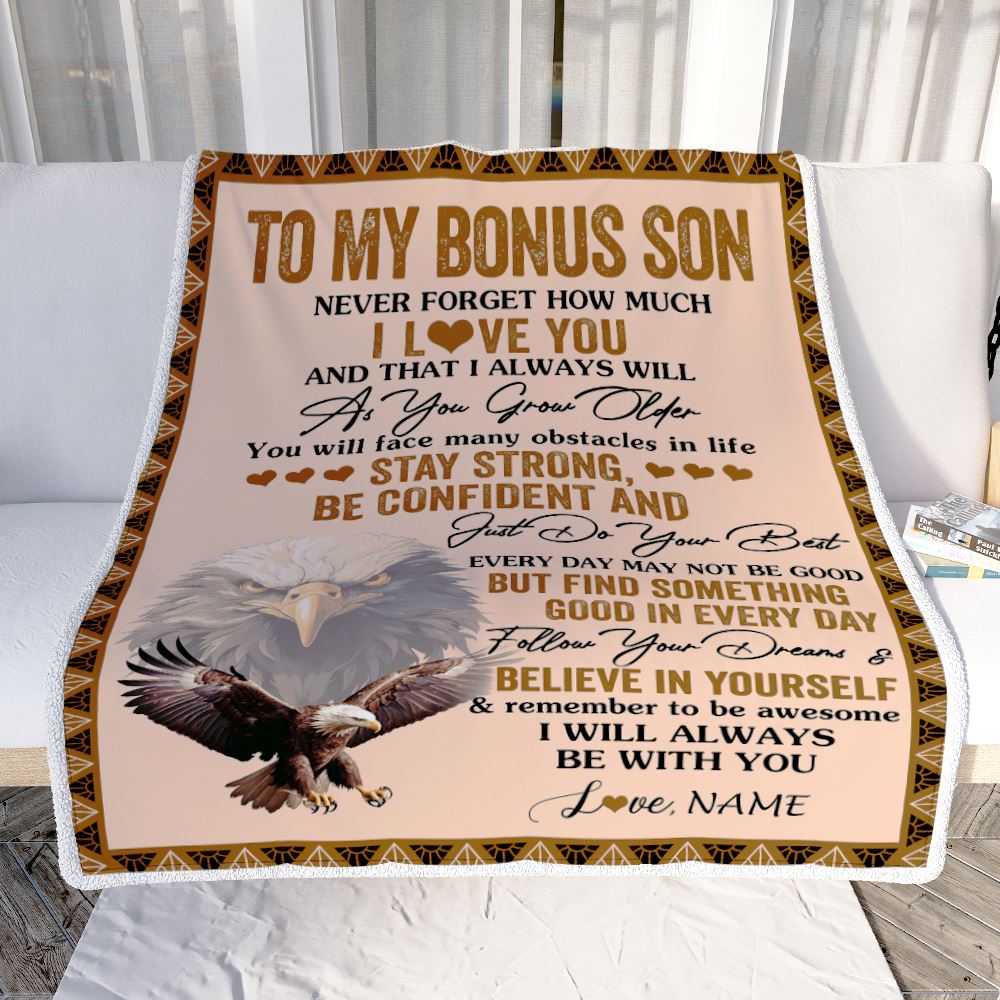Personalized To My Bonus Son I Love You Forever Blanket From Stepmother Stepdad Eagle Stepson Birthday Gifts Graduation Christmas Fleece Throw Blanket | siriusteestore