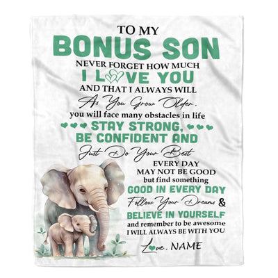 Personalized To My Bonus Son I Love You Forever Blanket From Stepmother Stepdad Elephant Stepson Birthday Gifts Graduation Christmas Fleece Throw Blanket | siriusteestore