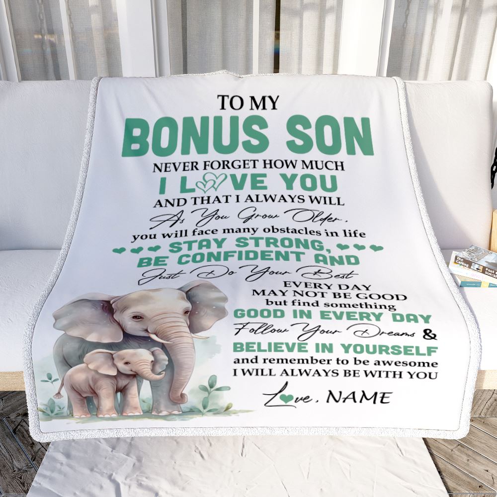 Personalized To My Bonus Son I Love You Forever Blanket From Stepmother Stepdad Elephant Stepson Birthday Gifts Graduation Christmas Fleece Throw Blanket | siriusteestore