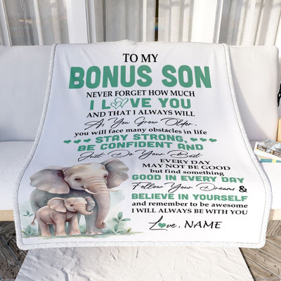 Personalized To My Bonus Son I Love You Forever Blanket From Stepmother Stepdad Elephant Stepson Birthday Gifts Graduation Christmas Fleece Throw Blanket | siriusteestore