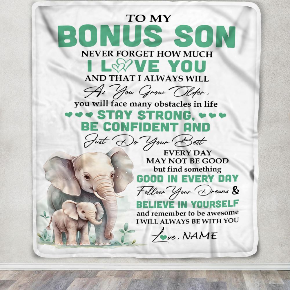 Personalized To My Bonus Son I Love You Forever Blanket From Stepmother Stepdad Elephant Stepson Birthday Gifts Graduation Christmas Fleece Throw Blanket | siriusteestore