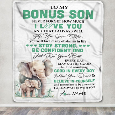 Personalized To My Bonus Son I Love You Forever Blanket From Stepmother Stepdad Elephant Stepson Birthday Gifts Graduation Christmas Fleece Throw Blanket | siriusteestore