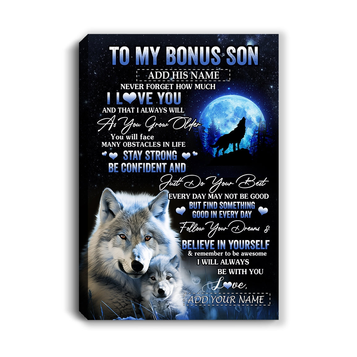 Personalized To My Bonus Son I Love You Forever Canvas From Step Mom Bonus Dad Wolf Stepson Birthday Gifts Graduation Christmas Custom Wall Art Print Framed Canvas | siriusteestore