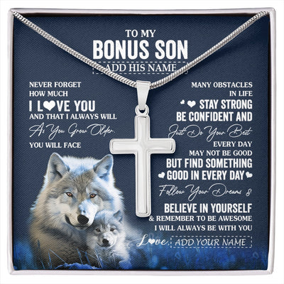 Stainless Cross Necklace Stainless Steel | 1 | Personalized To My Bonus Son I Love You Forever Necklace From Step Mom Bonus Dad Wolf Stepson Birthday Gifts Graduation Christmas Custom Gift Box Message Card | siriusteestore.myshopify