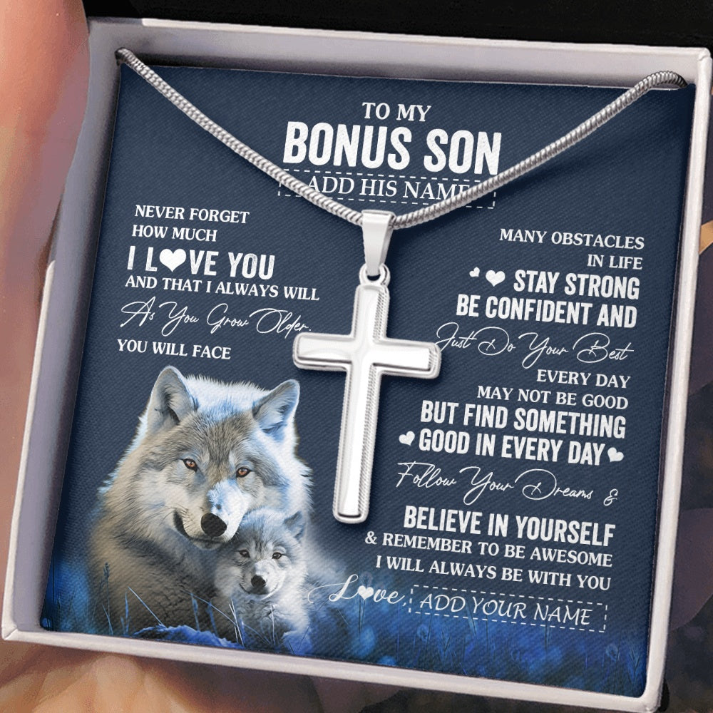 Stainless Cross Necklace Stainless Steel | 2 | Personalized To My Bonus Son I Love You Forever Necklace From Step Mom Bonus Dad Wolf Stepson Birthday Gifts Graduation Christmas Custom Gift Box Message Card | siriusteestore.myshopify