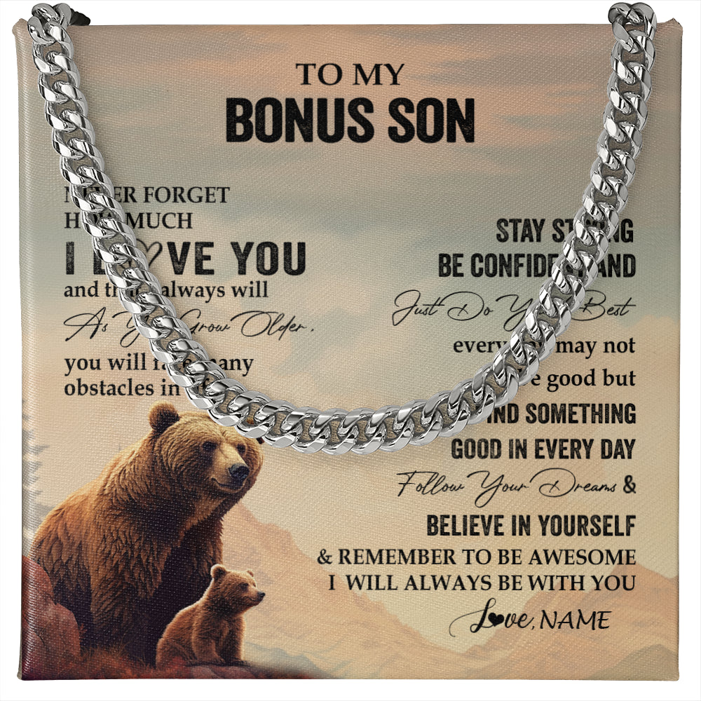 Cuban Link Chain Necklace Stainless Steel | 1 | Personalized To My Bonus Son I Love You Forever Necklace From Stepdad Stepmom Bear Stepson Birthday Graduation Christmas Customized Gift Box Message Card | siriusteestore