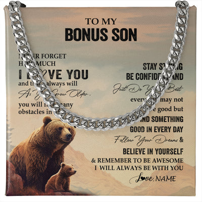 Cuban Link Chain Necklace Stainless Steel | 1 | Personalized To My Bonus Son I Love You Forever Necklace From Stepdad Stepmom Bear Stepson Birthday Graduation Christmas Customized Gift Box Message Card | siriusteestore